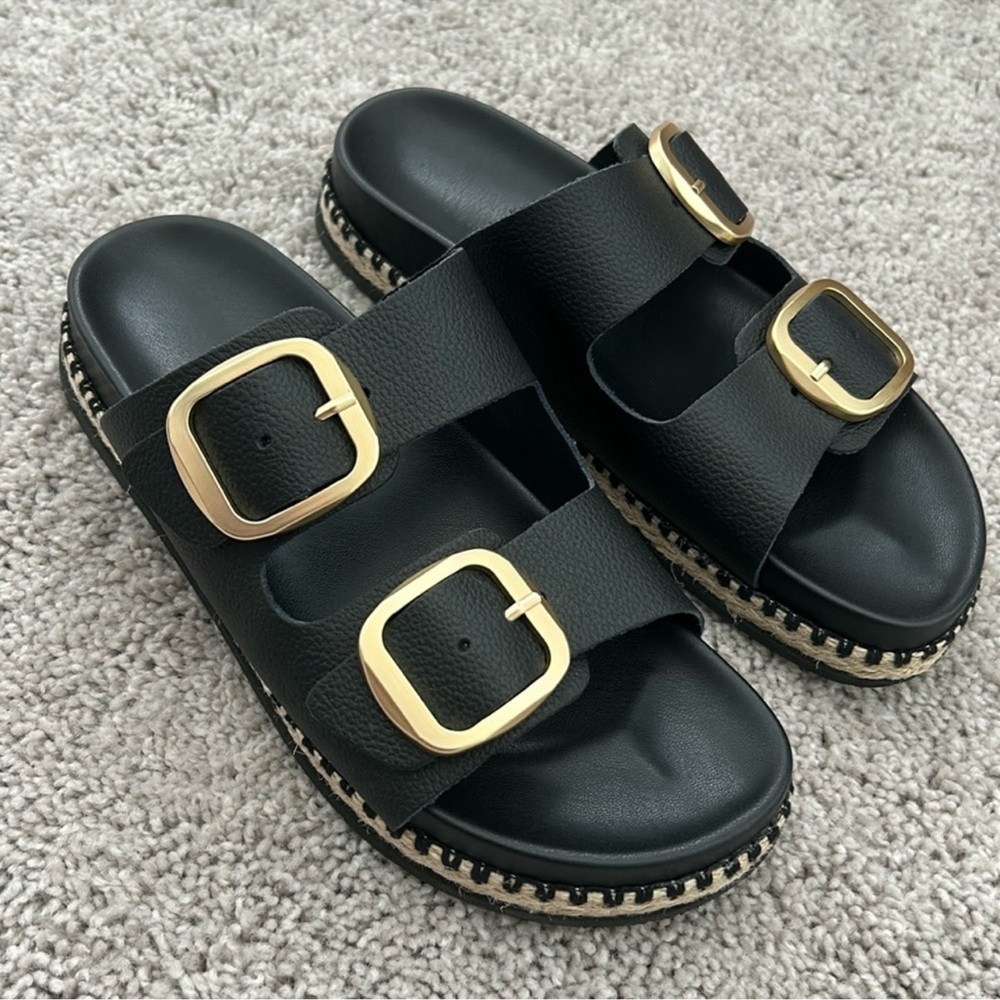 Mila Paoli gold buckle sandal shoe black leather size 9.5 made in Italy